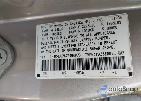 2007 Honda Accord 2.4 Ex from USA, damaged, VIN 1HGCM56787A064876